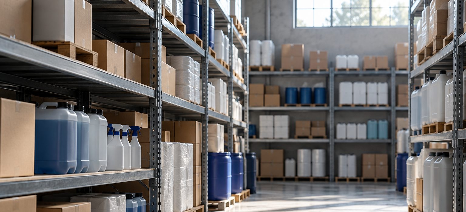 Photograph of a stockroom aisle: steel shelving stacked with plain unbranded cartons and drums under daylight from a high window. Editorial photograph, not this company's premises or stock.